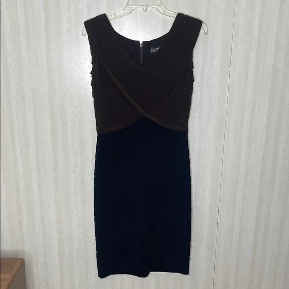 🔥 ADRIANNE PAPELL brown black tiered stretch Dress Size 8 - Picture 6 of 9